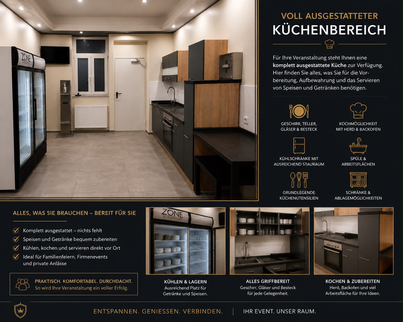 Barbereich mit beleuchteter Theke und angrenzender Sitzgruppe