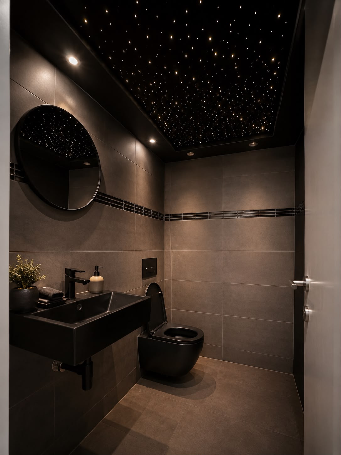 Gäste-WC in dunklen Tönen mit Sternenhimmel-Decke